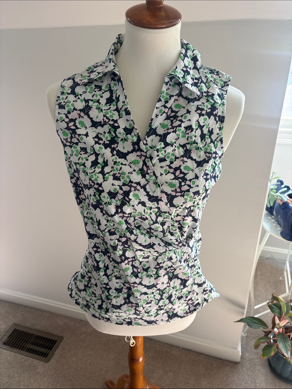 Talbots Navy Floral Collared Sleeveless Wrap-Style Top